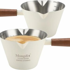 Mongdio 2 Pcs Espresso Measuring Cup, Stainless Steel Espresso Shot Cups with Wooden Handle and Double Spouts, 6.8OZ/200ML, White